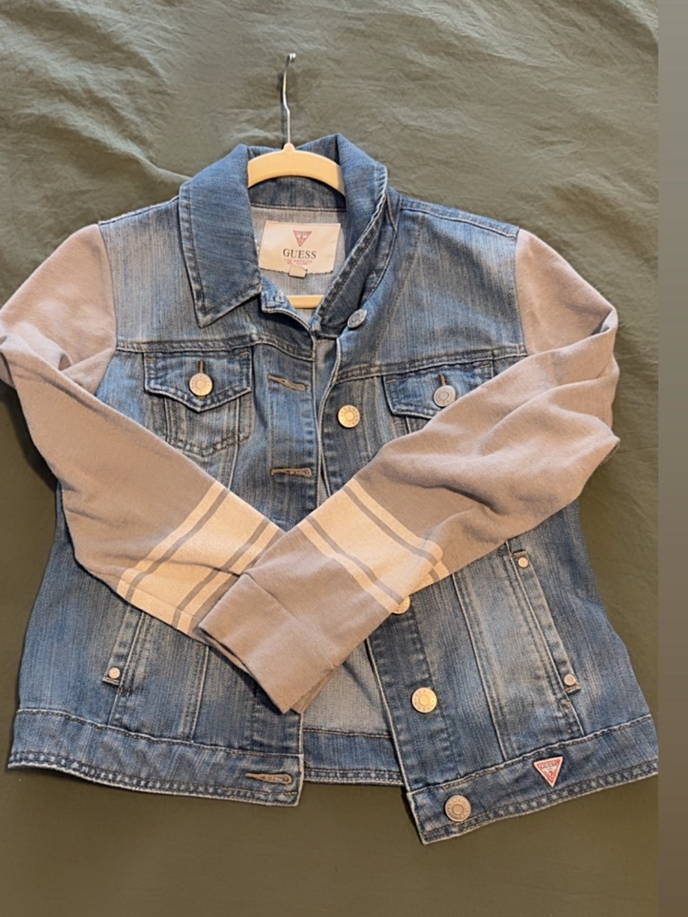 Guess Light Blue Denim Jacket with Taupe Knit Sleeves